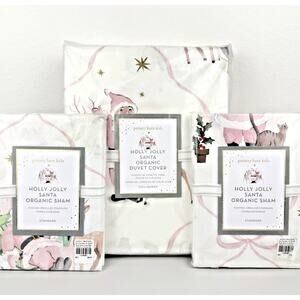 Pottery Barn Kids Holly Jolly Santa Full Queen Duvet and 2 Sham Set RARE Pink